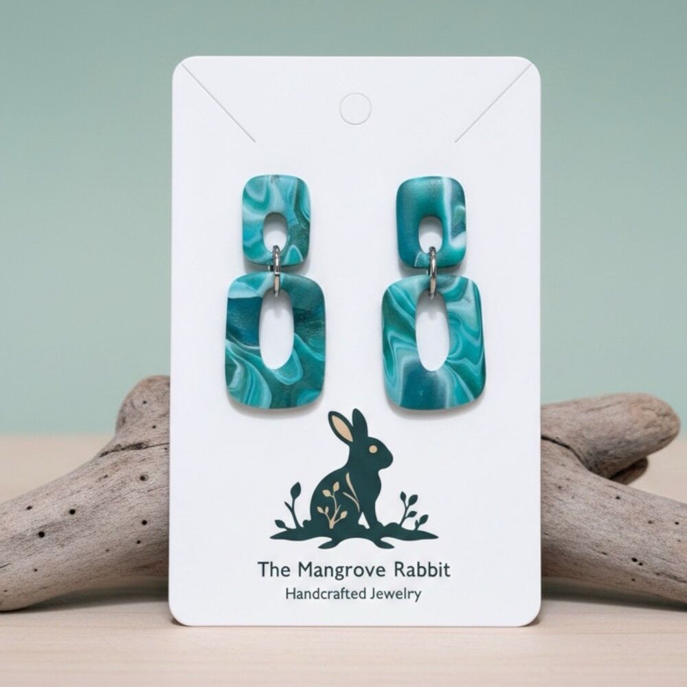 Turquoise Aqua Marbled Coastal Handmade Polymer Clay Dangle Geometric Earrings